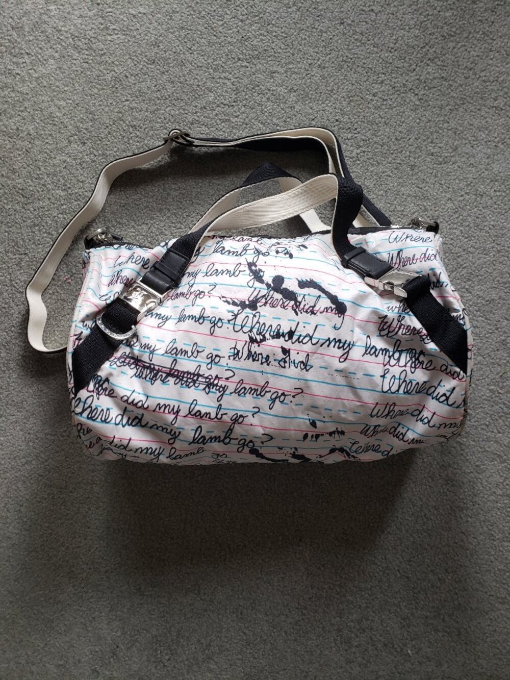 L.A.M.B. Lesportsac Gwen Stefani cursive barrel duffle bag
